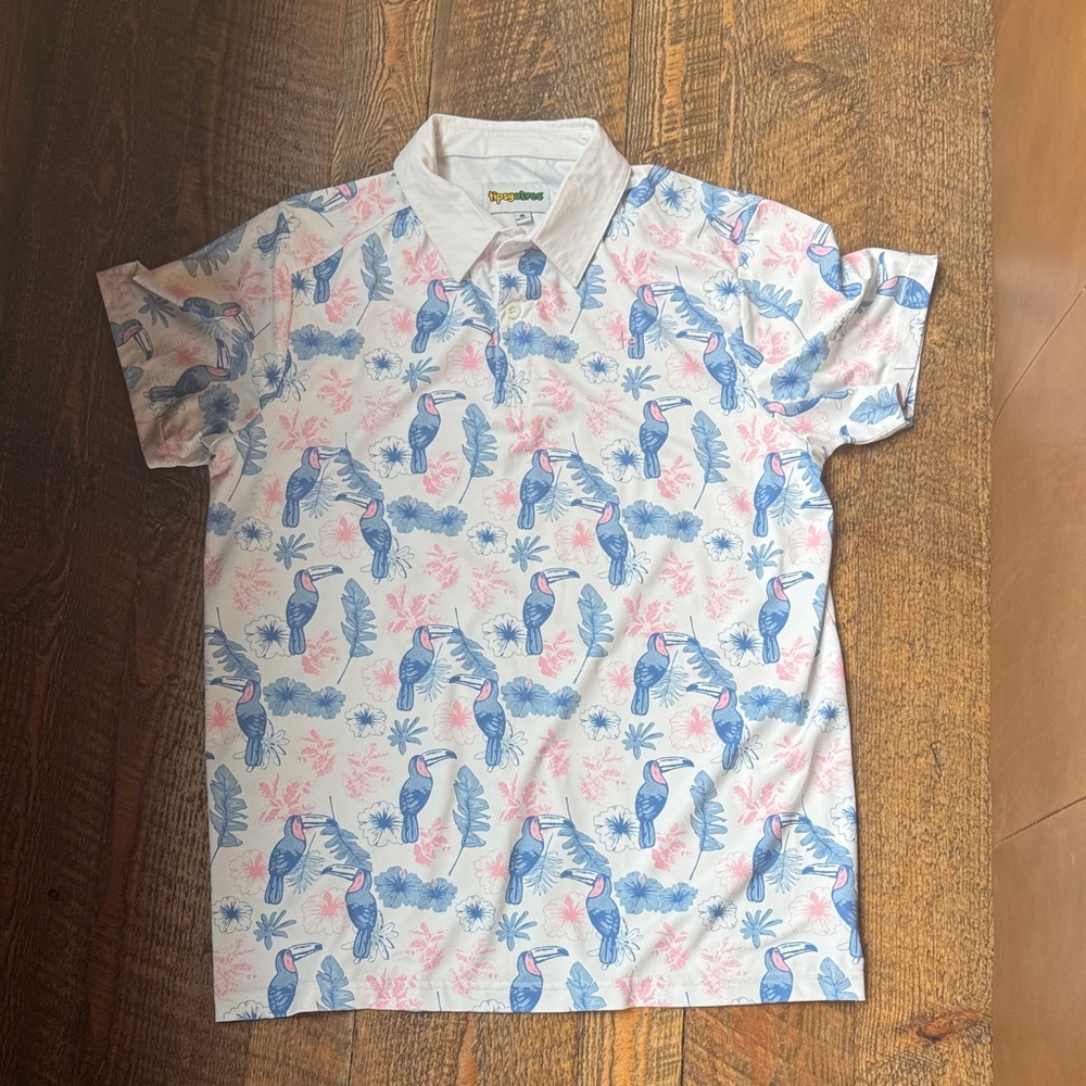 Tipsy Elves White Polo with Blue and Pink Toucan Print